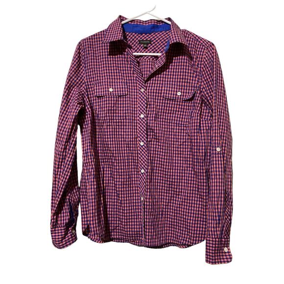 Talbots Shirt Women's Size 10 Blue Checkered Button Up Contrasting Cuff Sleeve - Picture 2 of 7